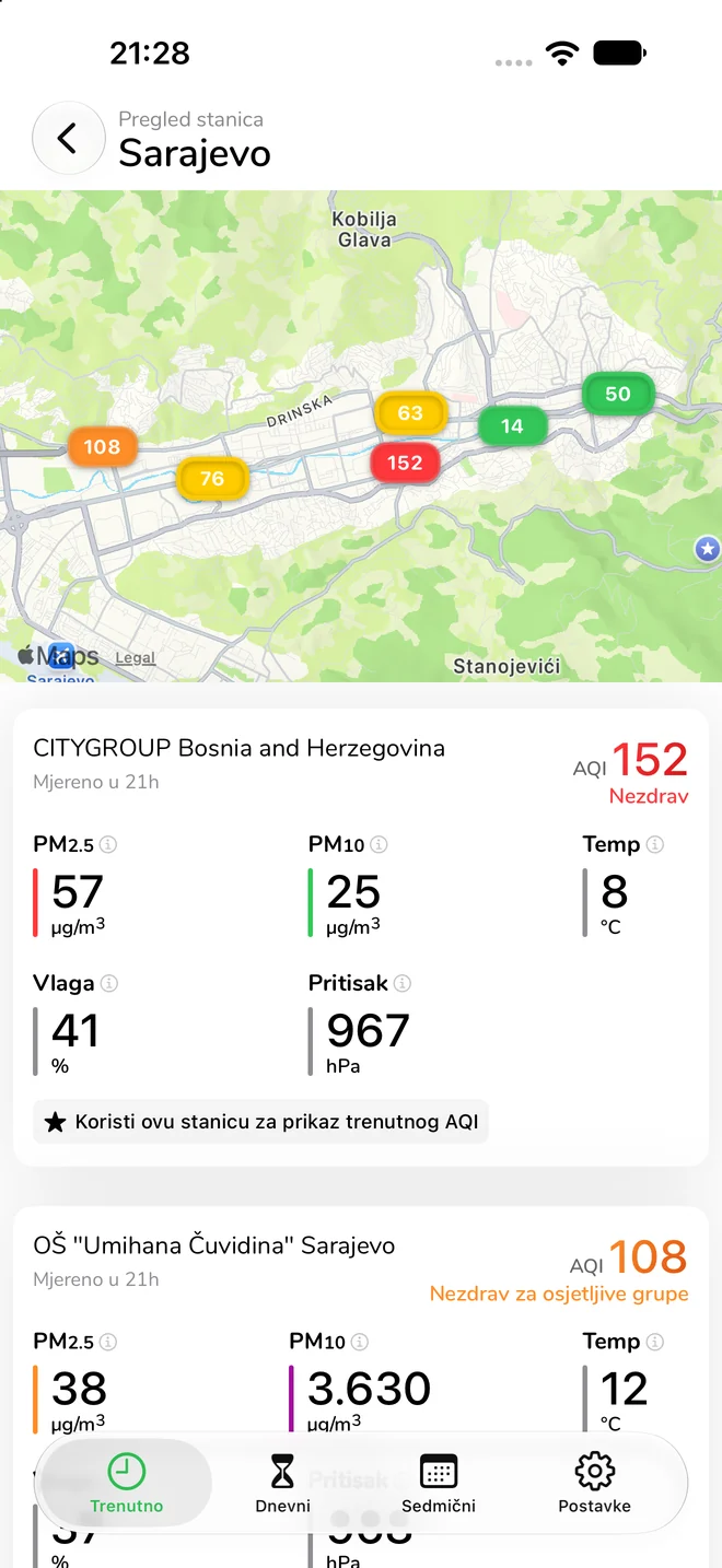 Ekran aplikacije: Stanice